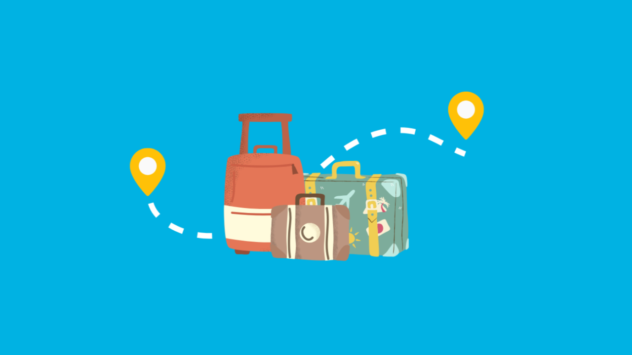 Doodles and graphics of suitcases and a map to signify traveling.