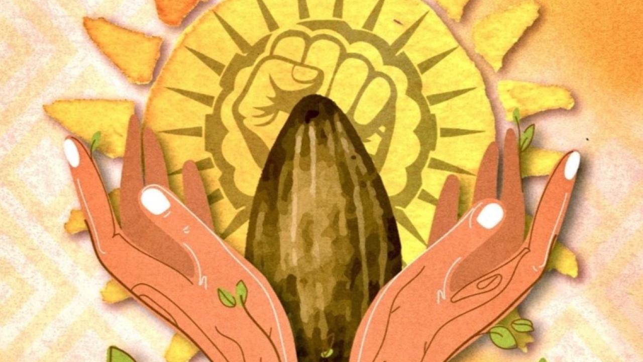 Drawing of hands embracing a seed that represents the seeds of resistence and hope for Chicanx/Latinx Heritage Month .