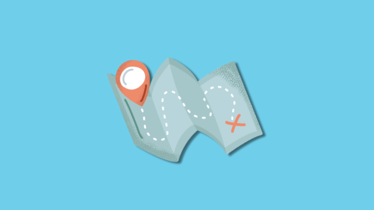 Folded illustrated map with dotted route, red pin and red X on blue background