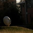 UC Davis Eggghead statue in front of UC Davis Law School.