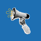 Blue background with image of a hand holding a megaphone.
