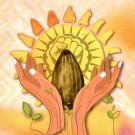Drawing of hands embracing a seed that represents the seeds of resistence and hope for Chicanx/Latinx Heritage Month .